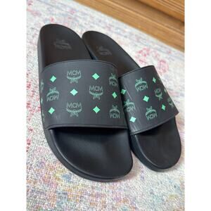 MCM Men's Color Splash Green Black Monogram Print Rubber Slides 44